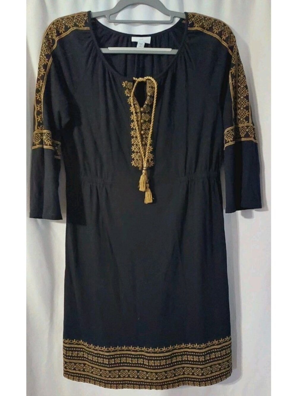 J Jill Dress Womens Size PS Black Tan Boho Embroidered Popover Petite Small